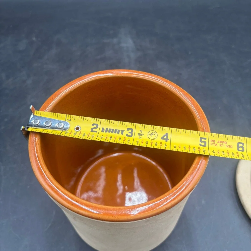 Great American Stoneware Factory Crock with Lid, Tan, Amber Glazed Interior 7in